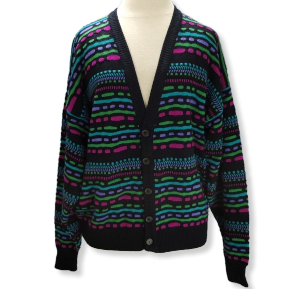 Hoopla World Womens L Cardigan Striped Button Front Long Sleeve V-Neck Vtg